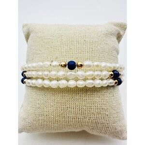 Vintage Memory Wire Bracelet Freshwater Pearls & Blue Lapis Bangle One Size